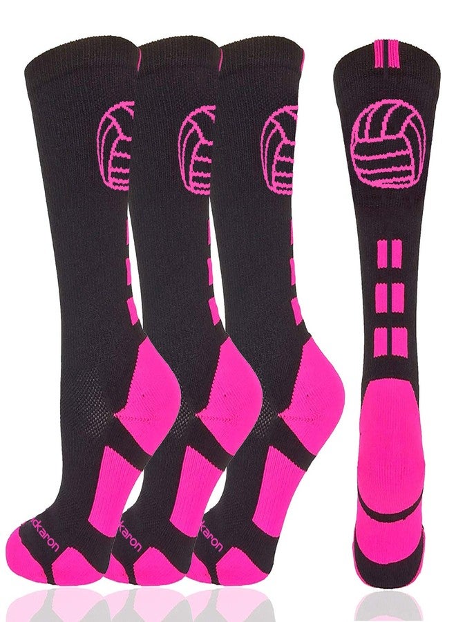 Londkaron Volleyball Socks (2 Pairs) with Volleyball Logo, Soft Mid Calf Crew Socks (Black/Neon Pink, Large) - Image 1